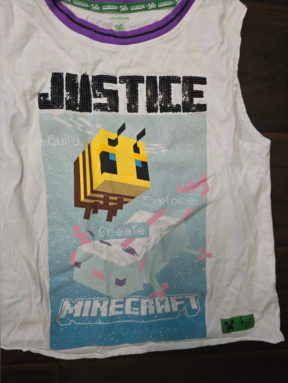 Justice Girls Minecraft Bee Axolotl Glitter White Tank Top Medium